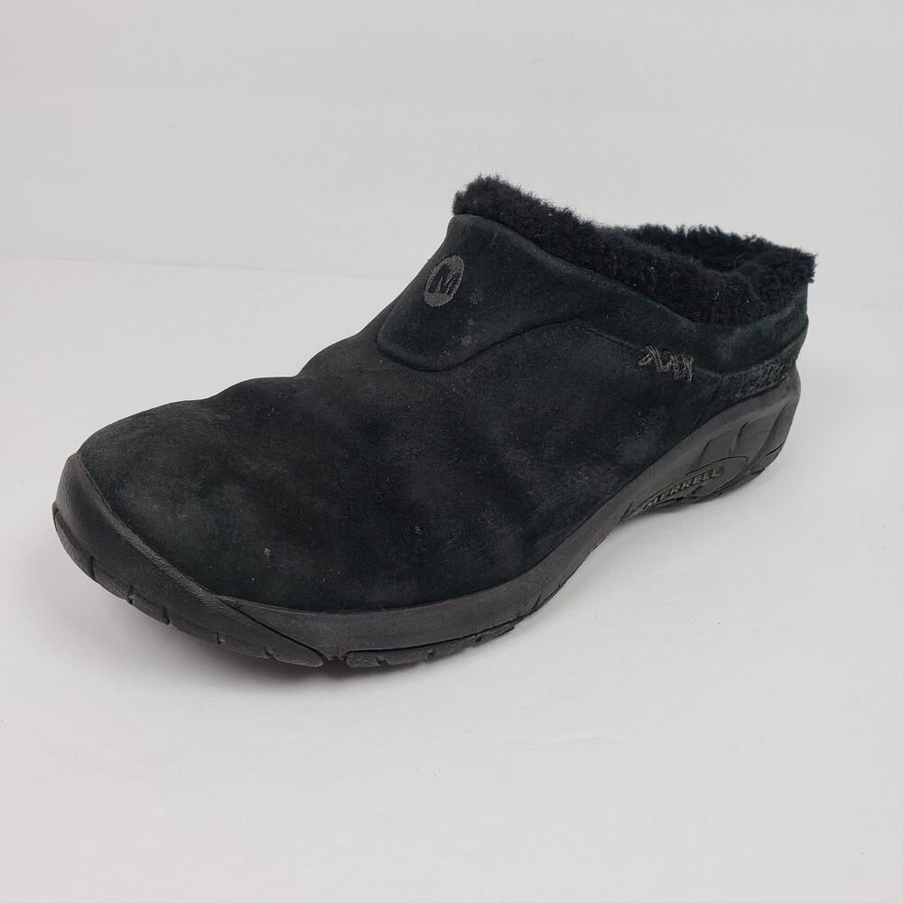 Merrell Encore Q2 Ice Womens Sz 9 Black Leather Slip On Faux Fur Mule Clog Shoes - Picture 2 of 11